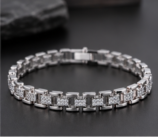 Rhodium Finish 925 Sterling Silver Bracelet with Sparkling Stone Links