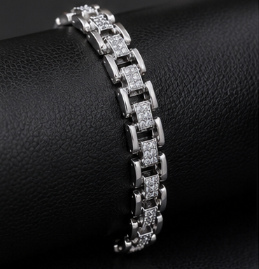 Rhodium Finish 925 Sterling Silver Bracelet with Sparkling Stone Links