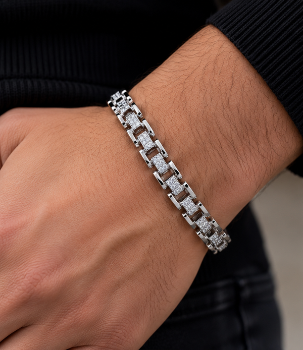 Rhodium Finish 925 Sterling Silver Bracelet with Sparkling Stone Links